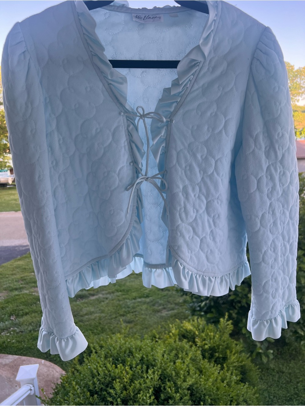 Miss Elaine Pale Blue Quilted Ruffle Tie-Front Cardigan